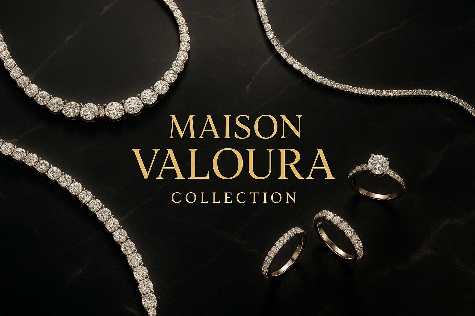 A professional, elegant promotional video thumbnail for Maison Valoura Collection featuring luxury jewelry pieces arranged artistically on a minimalist background with the store name elegantly displayed